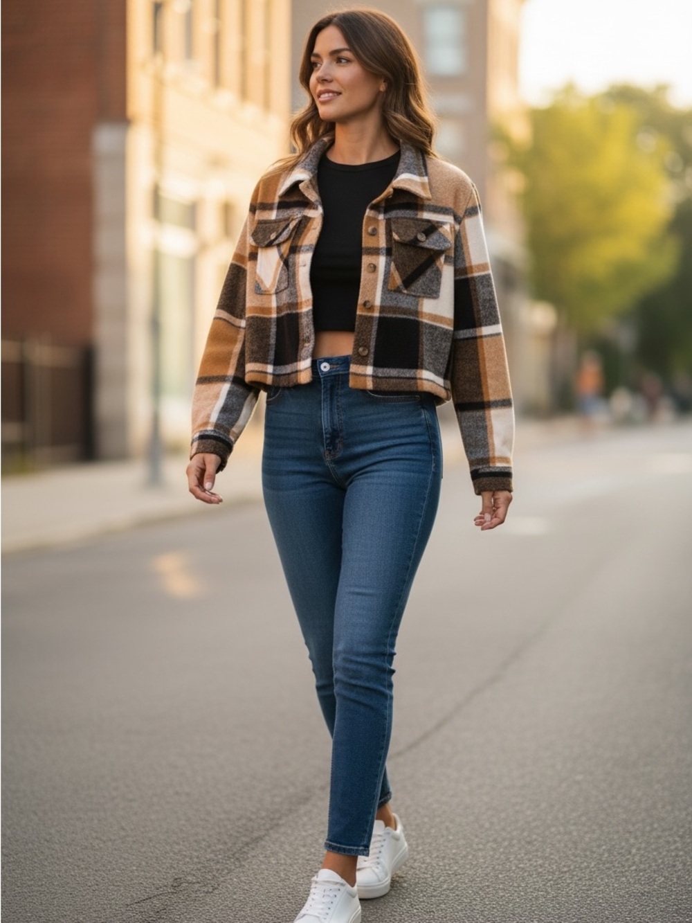 Ashley Outerwear Cropped Plaid Shacket - Camel, Black, White, Gray